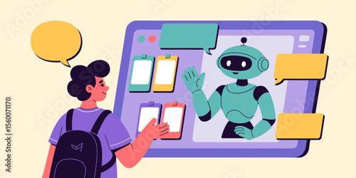 student practicing conversation with ai language bot on screen, vector illustration for language learning bot, interactive ai tutor and educational technology