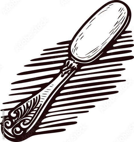 Hand drawn ornate silver spoon with detailed engraving and vintage design illustration on white background