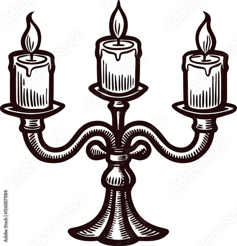 Vintage engraved illustration of a three arm metal candelabra with burning candles and decorative detailing
