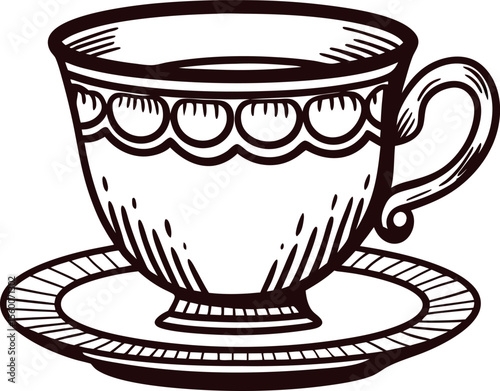Hand drawn vintage tea cup and saucer illustration with ornamental pattern and delicate handle