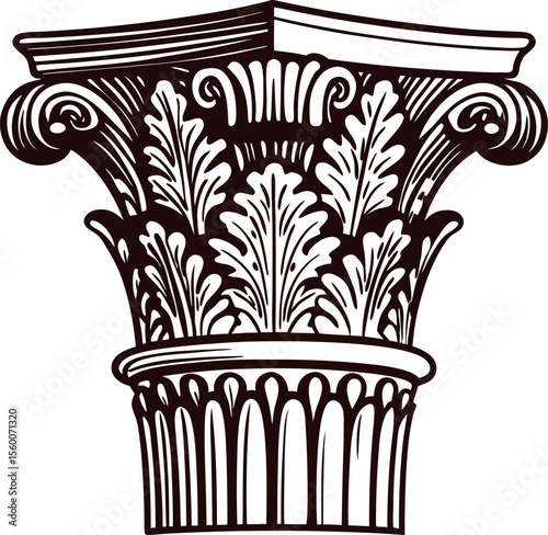 Intricate corinthian column capital with detailed acanthus leaves and volutes in vintage engraved line art