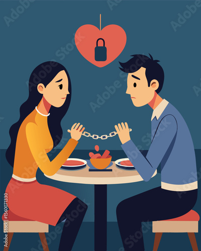 A couple sat at a dinner table but the chains wrapped around their arms and wrists made it hard for them to reach out to each other. Words like not good at love always fighting and. Vector