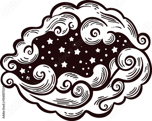 Whimsical hand drawn night sky cloud with swirling patterns and stars in vintage engraved illustration