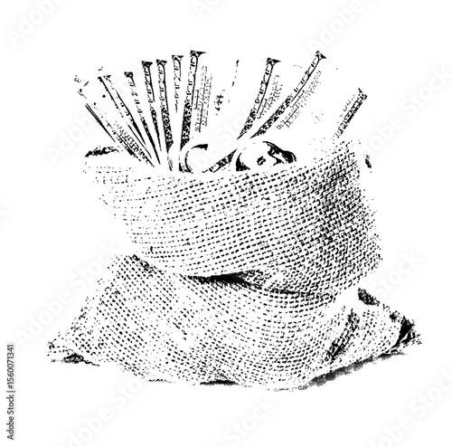 A burlap sack filled with united states cash on transparent background