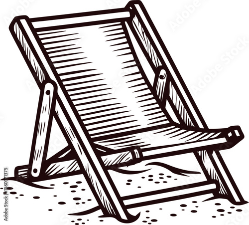 Vintage hand drawn wooden beach chair illustration with sand rustic engraved sketch