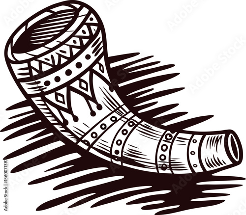 Hand drawn engraved drinking horn with tribal patterns isolated on white background illustration