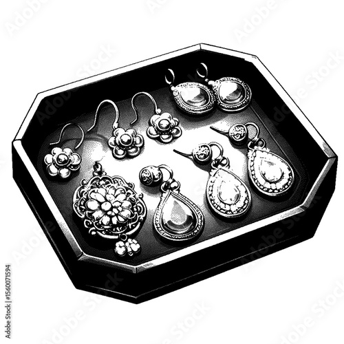 A collection of earrings in a jewelry box on transparent background