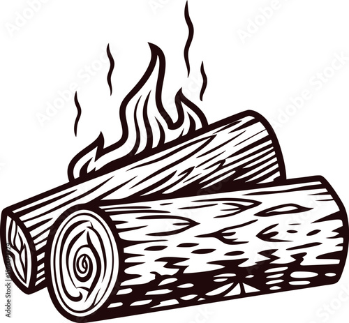 Hand drawn illustration of burning firewood logs with flames isolated on white in vintage engraving