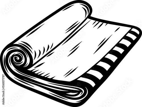 Hand drawn folded towel with striped edge in vintage engraving illustration