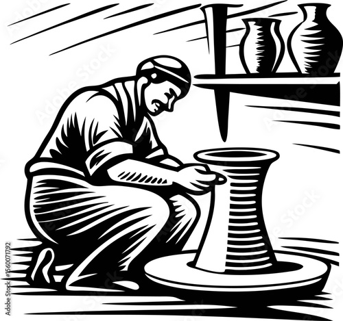 Artisan potter shaping clay vase on wheel traditional ceramic craftsman at work in vintage engraved illustration