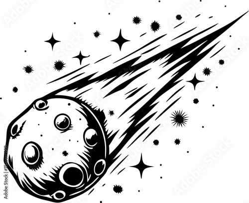 Meteor illustration in black and white with dynamic streaks and cratered surface surrounded by stars and cosmic elements