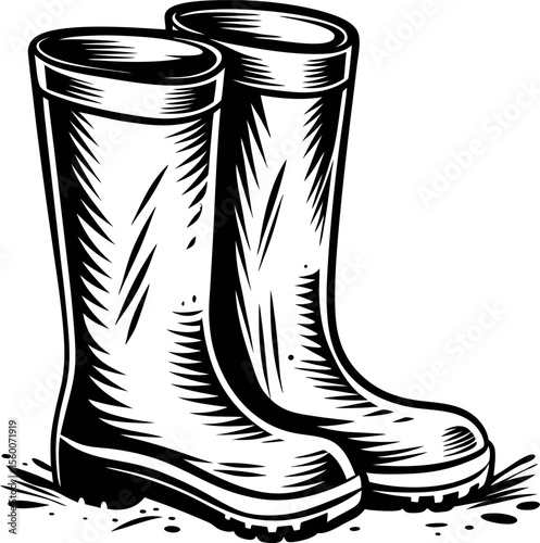Black and white rubber boots illustration vintage engraved drawing of waterproof footwear for gardening or farming
