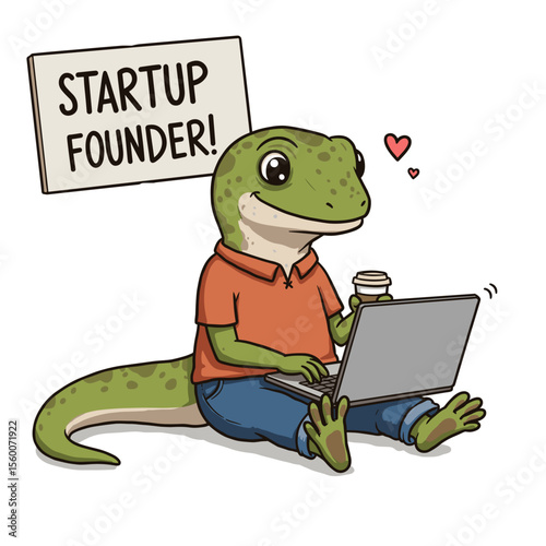 Cartoon lizard working on laptop as startup founder with sign  
