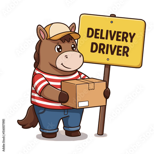 Cartoon horse delivery courier holding box next to delivery sign