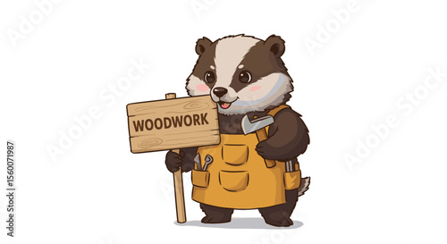 Cartoon badger holding woodwork sign while wearing tool belt  