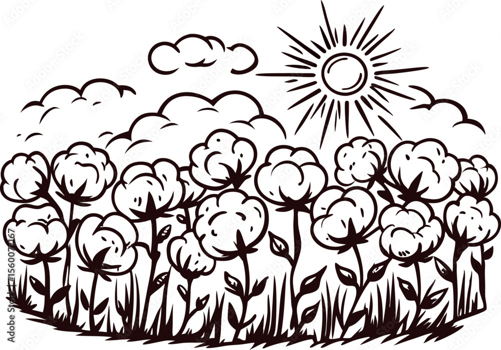 Hand drawn cotton plant field with sun and clouds illustration in vintage engraved