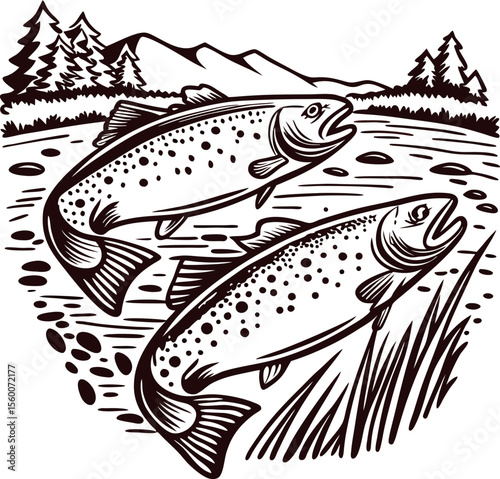 Engraved illustration of two trout fish swimming in river with mountain landscape, trees, reeds, and water detail
