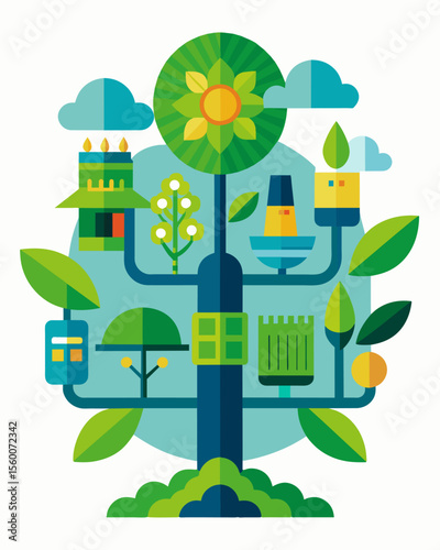 A unique and environmentallyfriendly piece of art combining the essence of nature and technology in the form of a solar tree.. Vector illustration