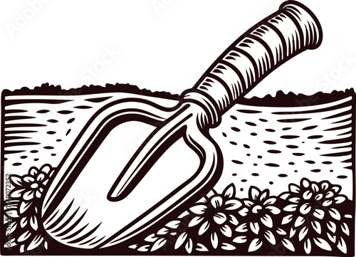 Hand drawn garden trowel tool in soil with plants and leafy bushes, vintage engraving illustration