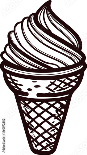 Hand drawn soft serve ice cream cone sketch with waffle pattern and swirled top in monochrome illustration