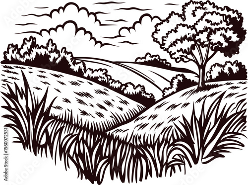 Hand drawn rural landscape with grassy hills, tree, and cloudy sky vintage countryside field sketch illustration