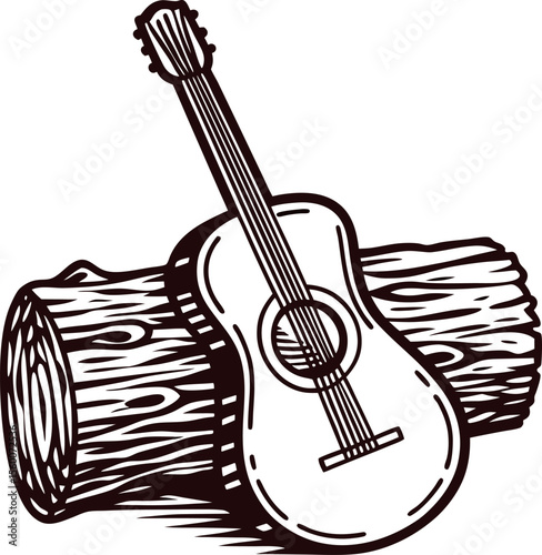 Hand drawn acoustic guitar resting on cut tree log vintage woodcut engraving illustration