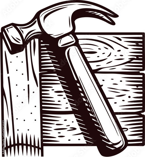 Vintage engraved illustration of hammer and wooden planks carpentry tool concept in retro