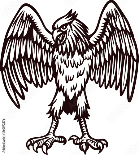 Detailed illustration of a fierce eagle with wings spread and claws extended, vintage hand drawn engraved