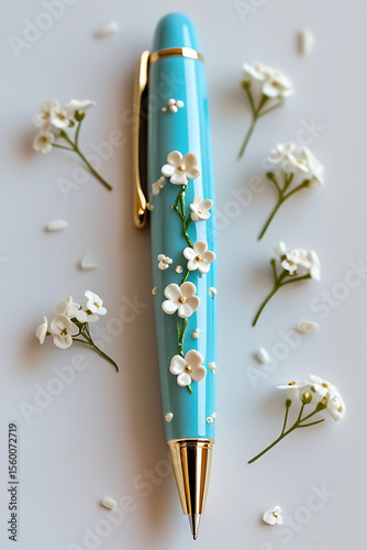 Luxurious floral pen with golden trim, turquoise body, and small white flowers. Romantic flat lay with gentle white blossoms around it.