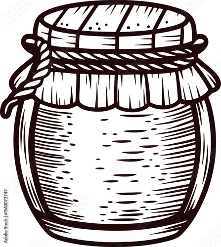 Hand drawn glass jar with cloth lid and rope, vintage engraving illustration isolated on white background