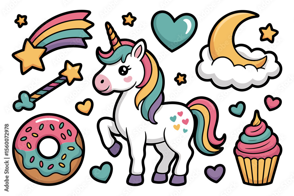 Fototapeta premium Cute Unicorn Magic and Sweets Vector Sticker Pack - Fantasy Dream Elements