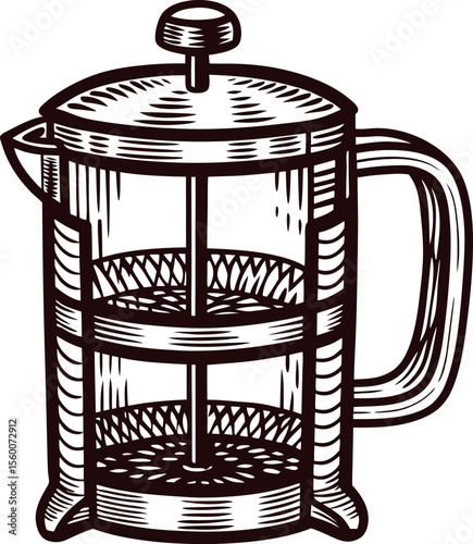 Vintage hand drawn french press illustration with glass pitcher and metal filter isolated on white background