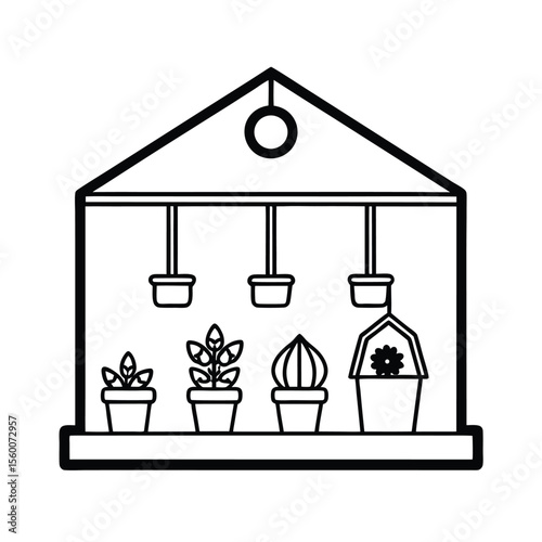 Greenhouse shelf setup with grow lights pots and humidifier Vector illustration