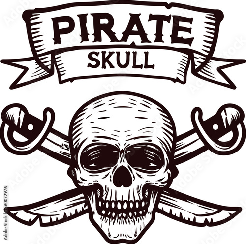 Vintage hand drawn pirate skull with crossed swords and banner monochrome engraving illustration photo