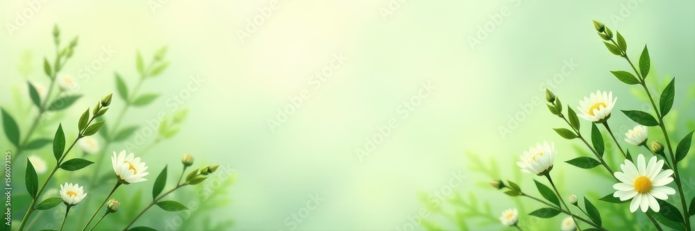 Fototapeta premium Subtle green flora on pale background, ample space , light, wedding invitation