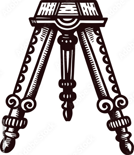 Hand drawn vintage wooden tripod engraving retro illustration with ornamental details isolated on white background