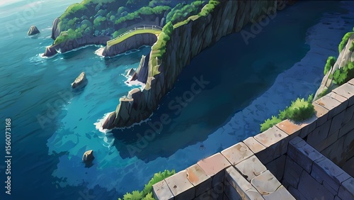 ゲーム背景　高台から見下ろす海辺の古代遺跡の建物がある風景