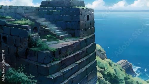 ゲーム背景　海辺にある古代遺跡の展望台風景と階段