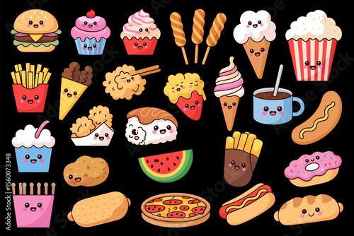 Cute Fast Food and Sweet Treats Vector Sticker Pack - Kawaii Meal Set