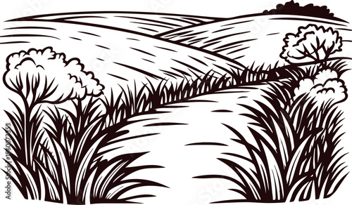Curved rural path with tall grass and distant hills in vintage hand drawn black and white illustration