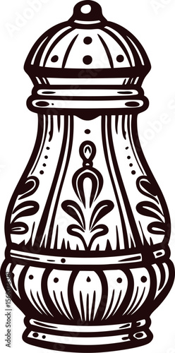 Ornate vintage salt shaker hand drawn illustration decorative kitchen utensil isolated on white background