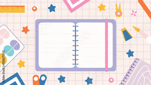 Illustration featuring books, pencils, and notebooks with the text let's read and read spelled out 100