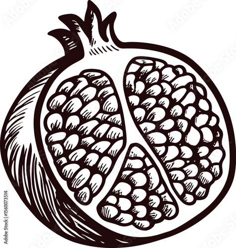 Hand drawn pomegranate fruit cut in half with seeds visible, vintage botanical illustration in black and white