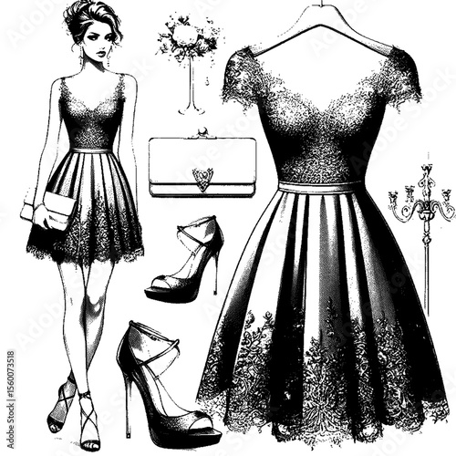 Fashion sketch with dress and accessories on transparent background
