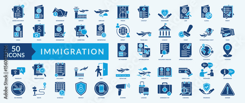 Immigration icon collection set with visa, airport, airplane, international flight, pet passport