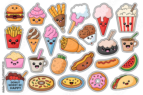 Cute Fast Food and Sweet Treats Vector Sticker Pack - Kawaii Meal Set