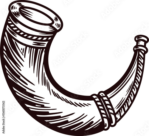 Vintage engraved drawing of a curved animal horn isolated on white background