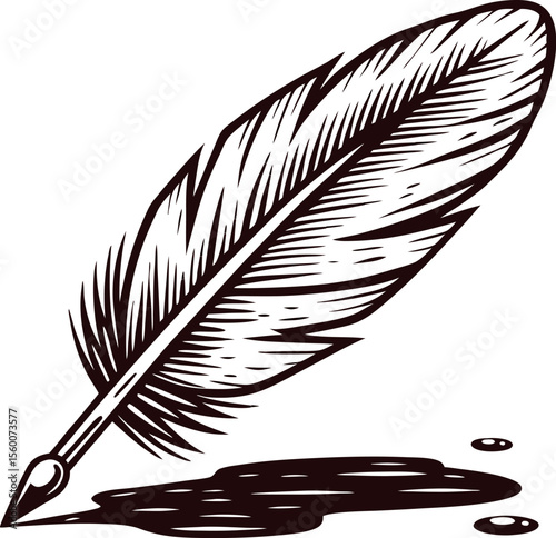 Vintage hand drawn feather quill pen with ink blot isolated illustration for writing and creativity themes
