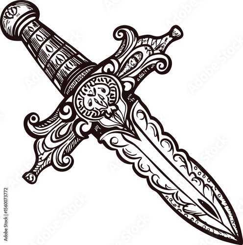 Intricately decorated antique dagger  illustration with ornate handle and detailed blade engraving