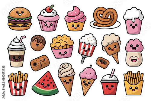 Cute Fast Food and Sweet Treats Vector Sticker Pack - Kawaii Meal Set